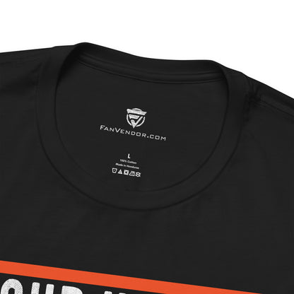 Black t-shirt with 'FanVendor.com' logo and text on a white background