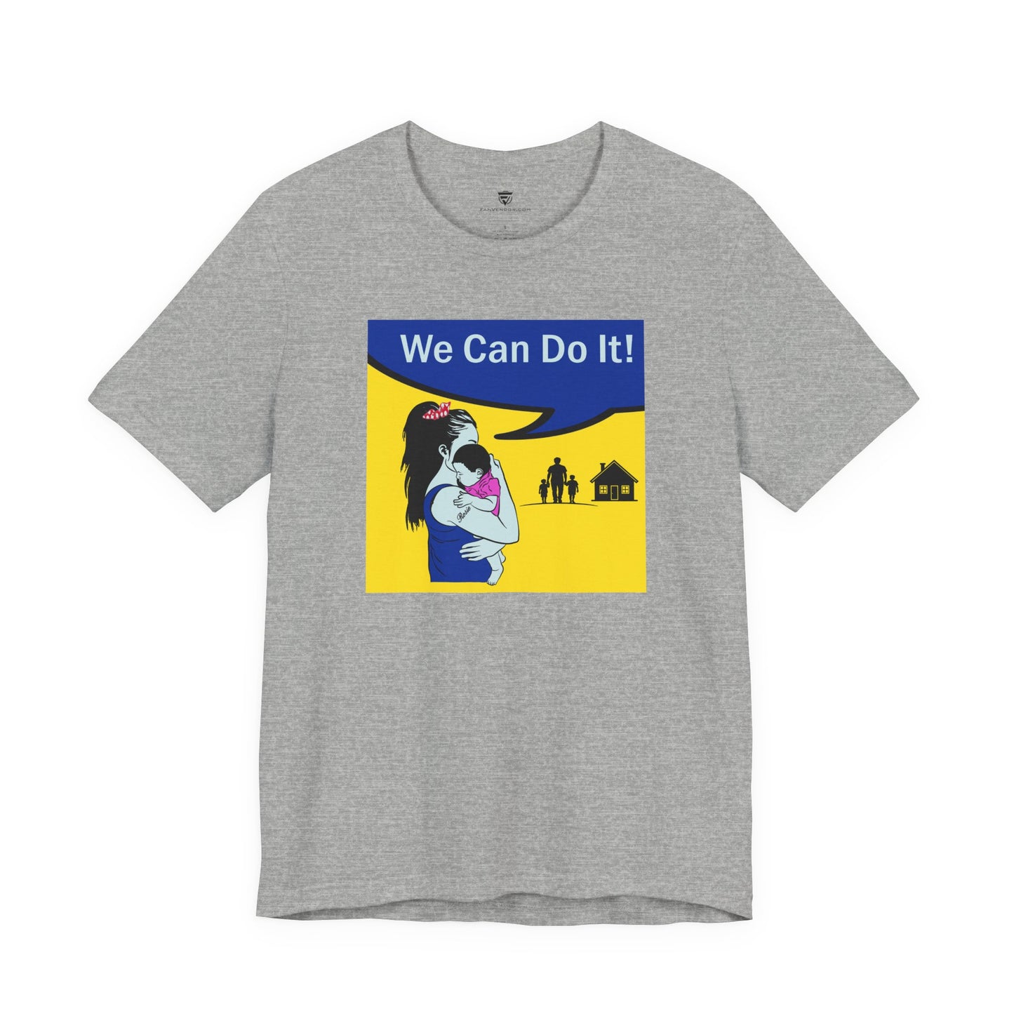 Gray t-shirt with a graphic design featuring a woman holding a baby and text 'We Can Do It!' on a yellow background.