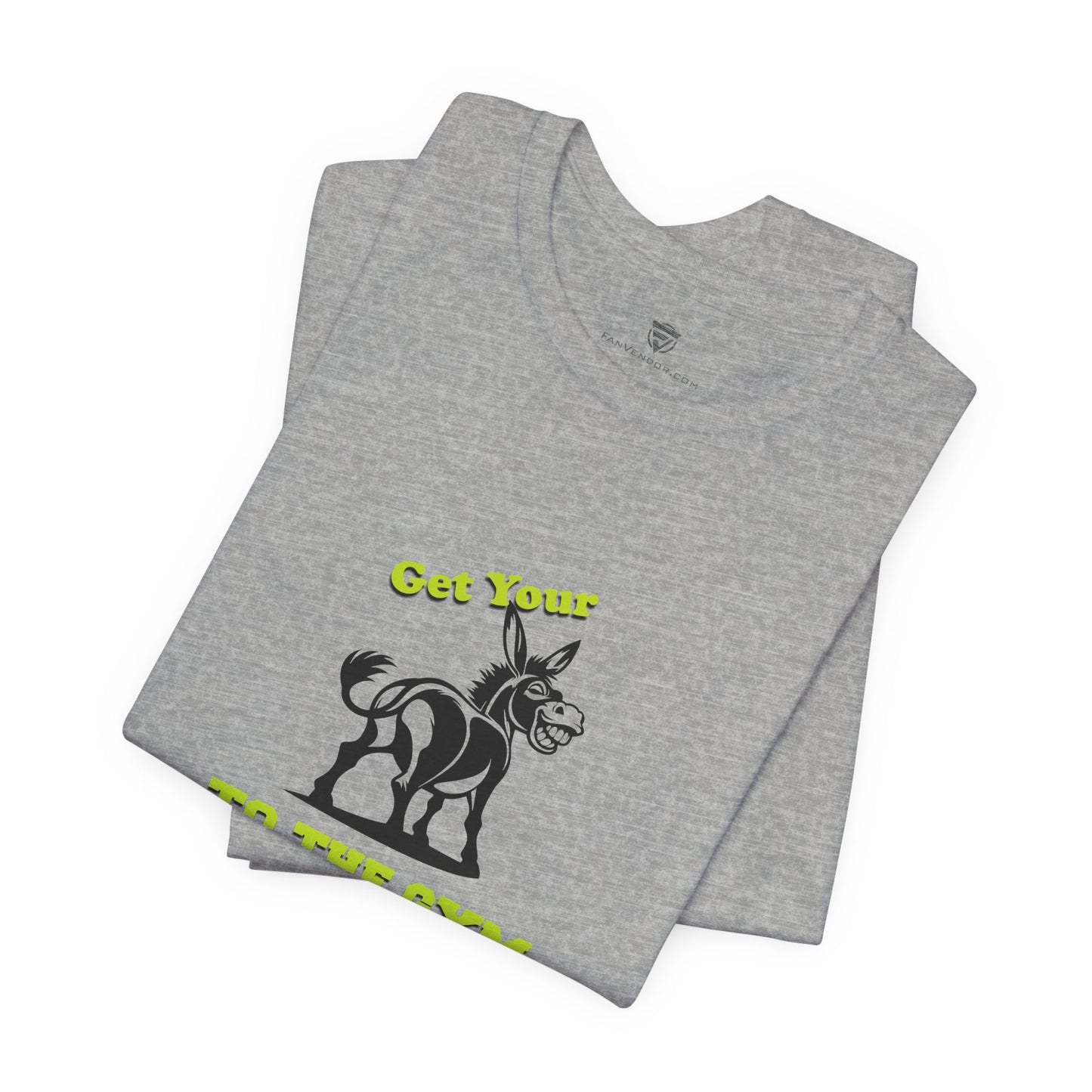 Gray t-shirt with a donkey graphic and text on a white background