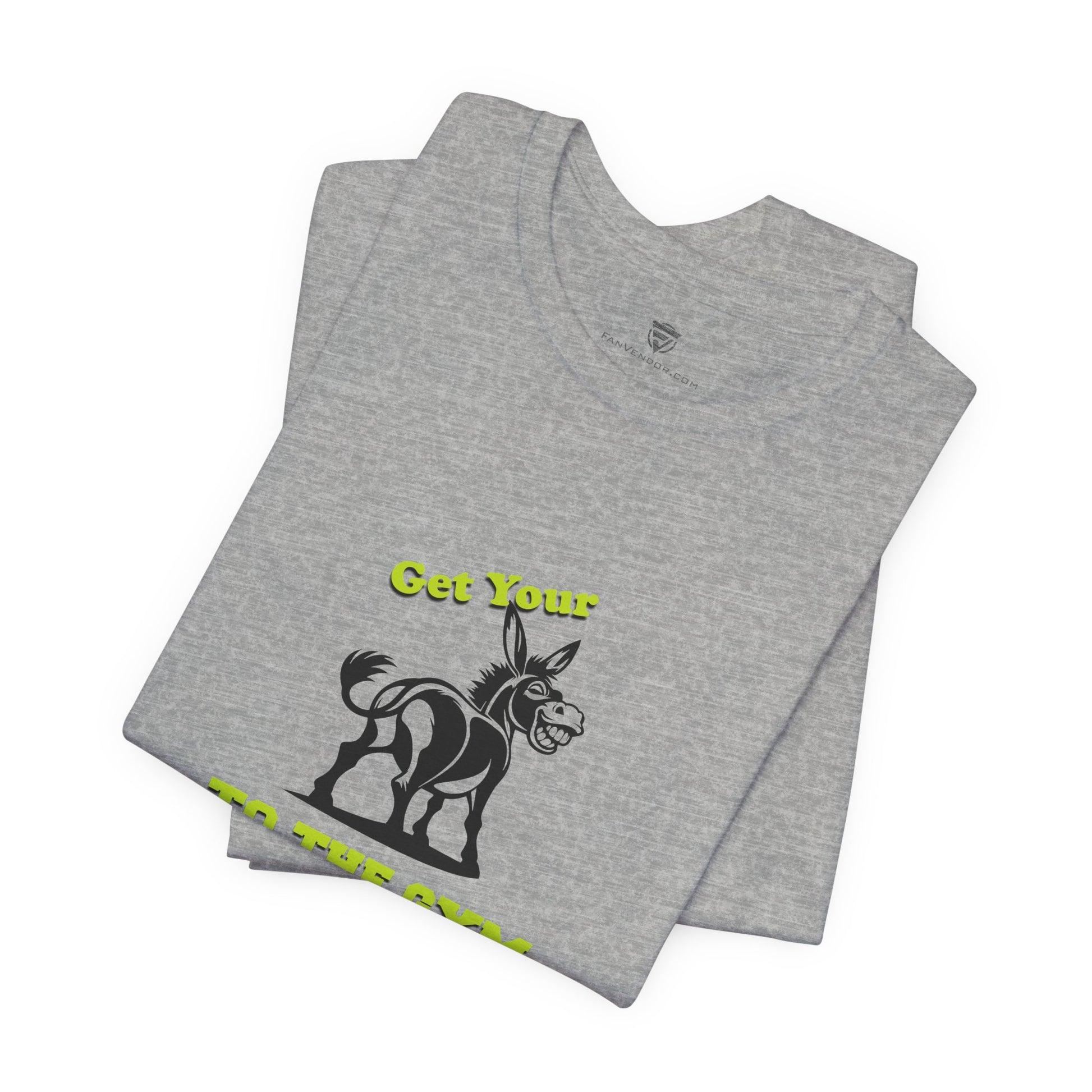 Gray t-shirt with a donkey graphic and text on a white background