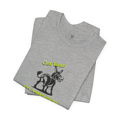 Gray t-shirt with a donkey graphic and text on a white background