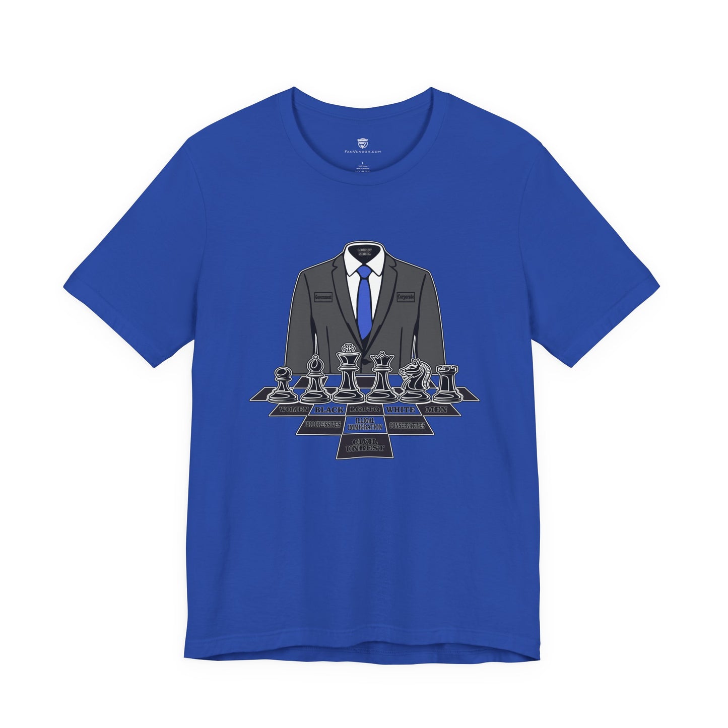 Blue t-shirt with a suit and chessboard design on a white background