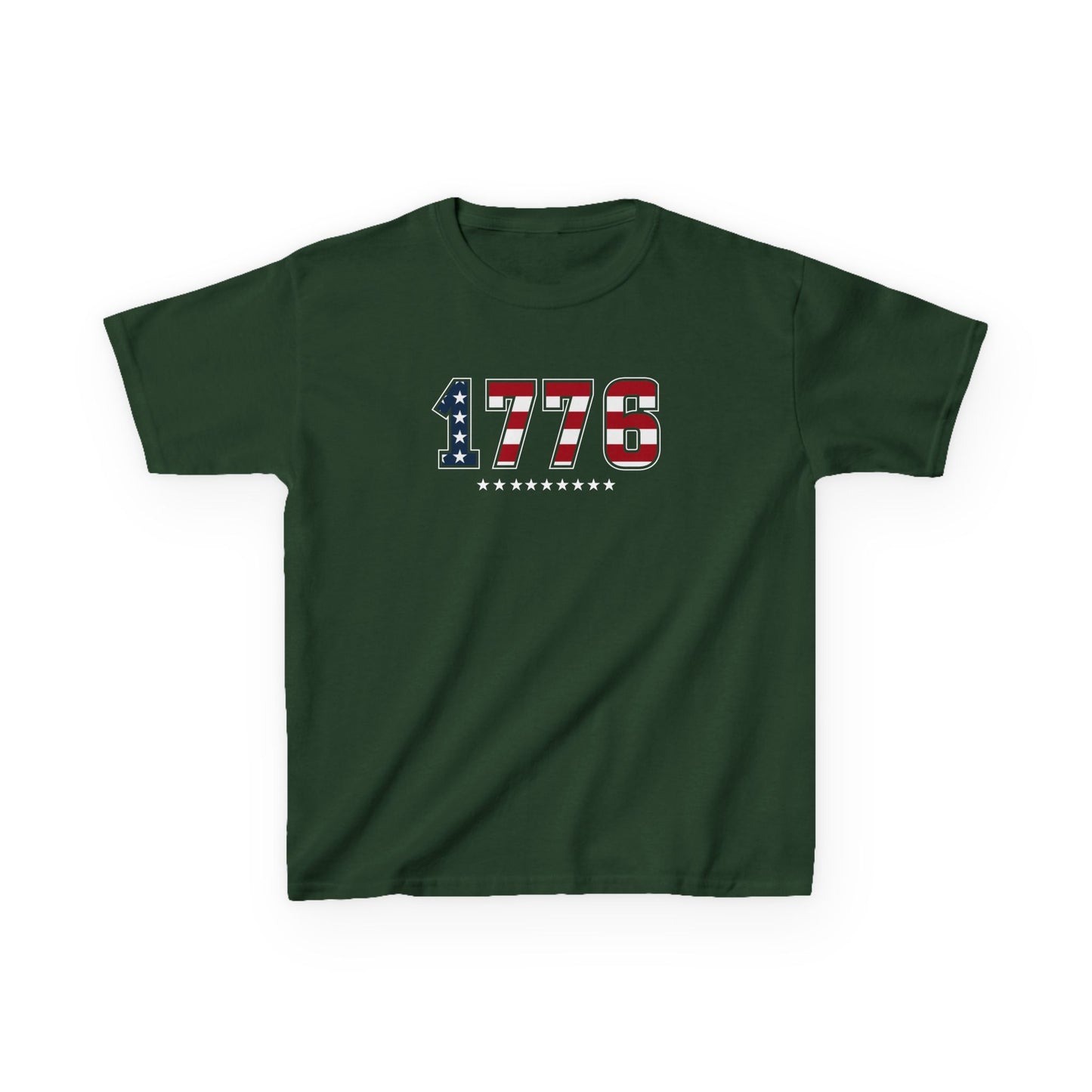 Green t-shirt with '1776' design on a white background