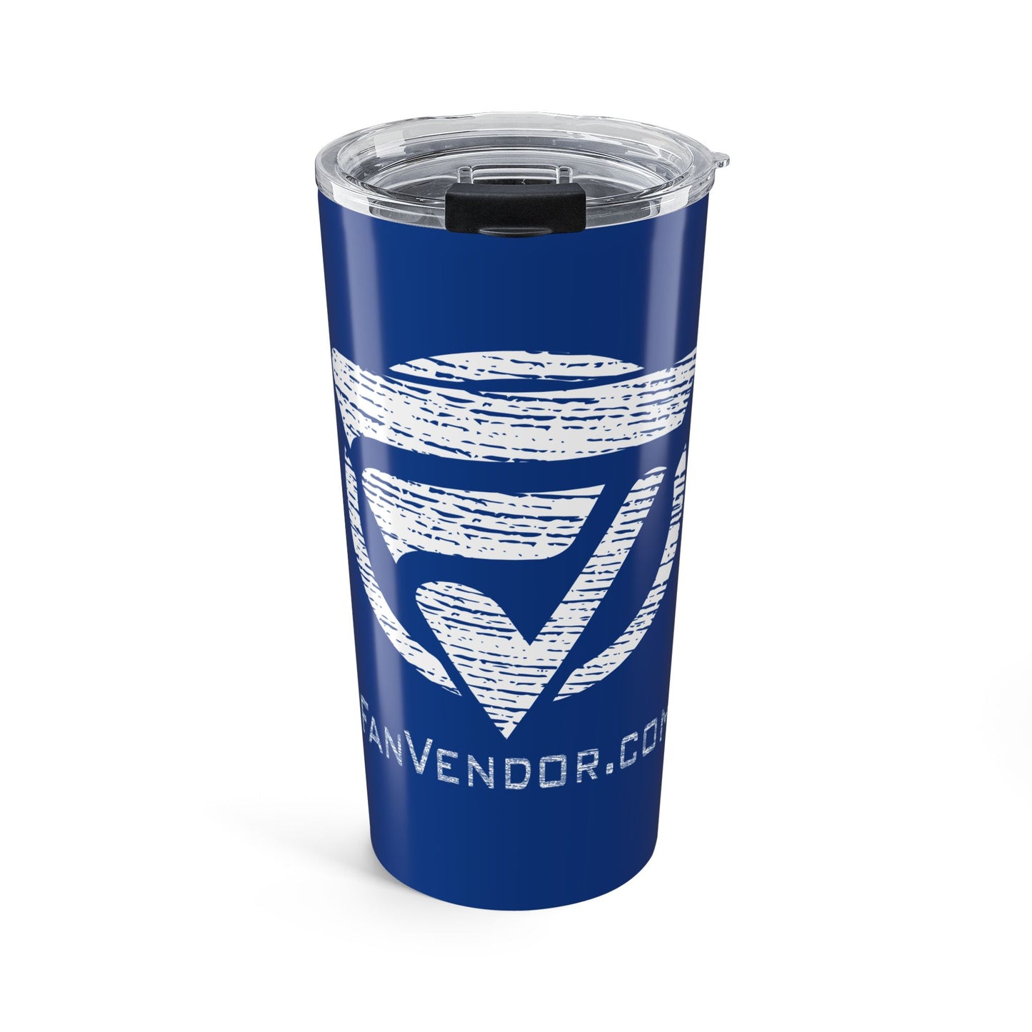 Blue tumbler with white logo and text on a white background