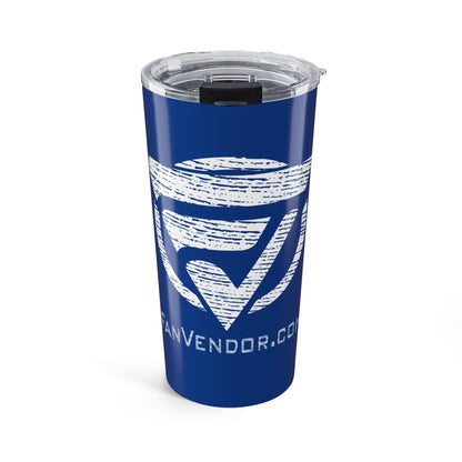 Blue tumbler with white logo and text on a white background