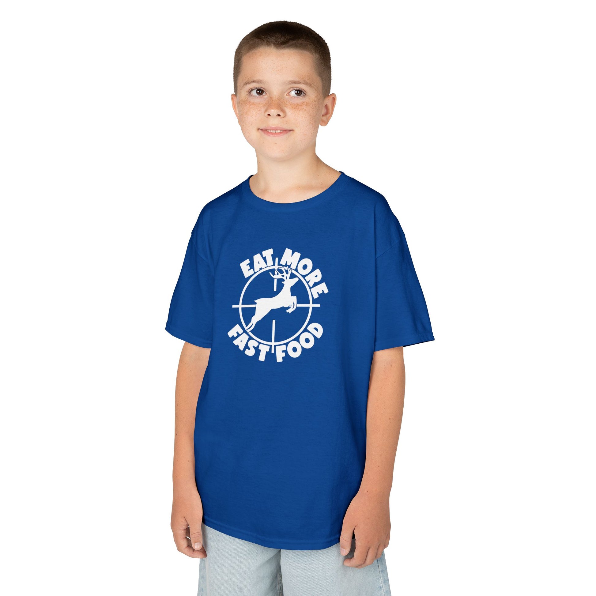 Child wearing a blue t-shirt with a white graphic and text on a white background