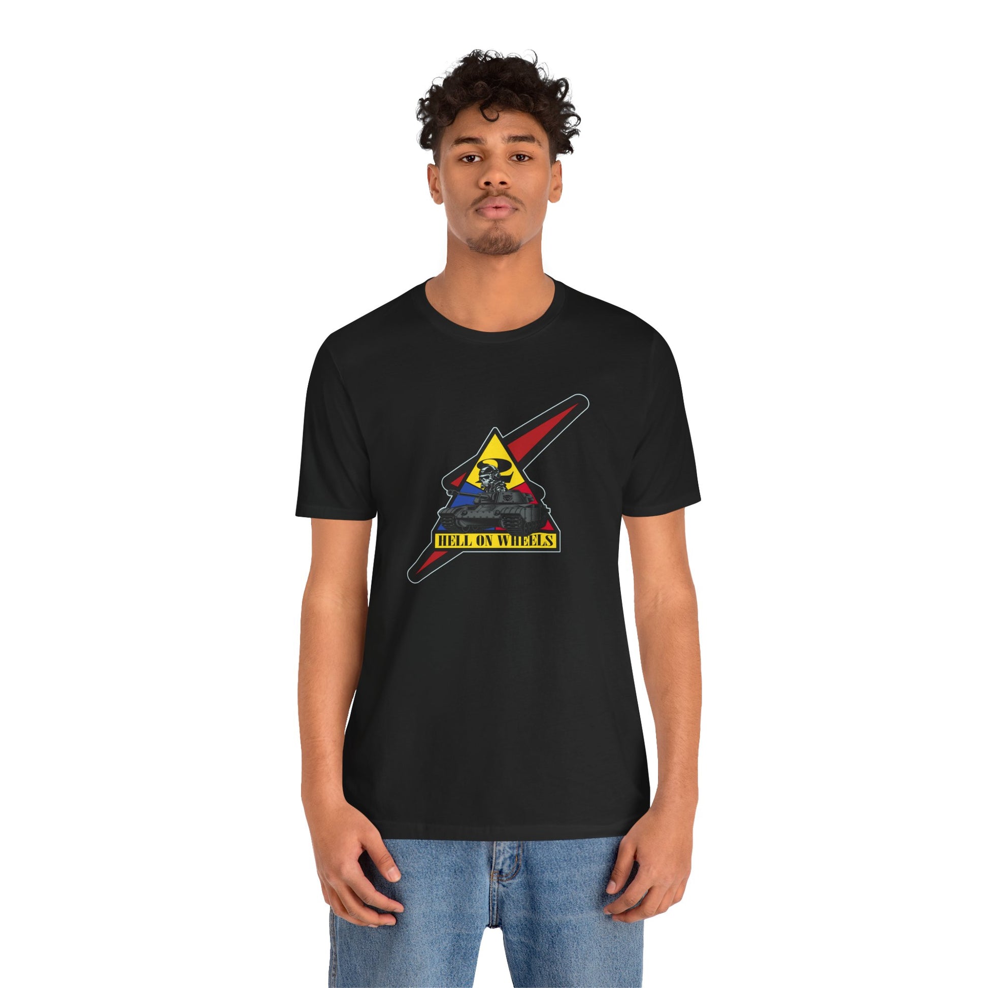 Person wearing a black t-shirt with a graphic design on a white background