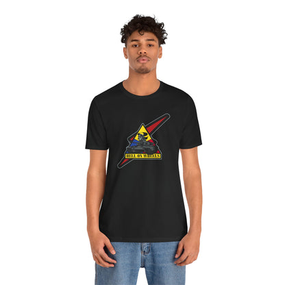 Person wearing a black t-shirt with a graphic design on a white background