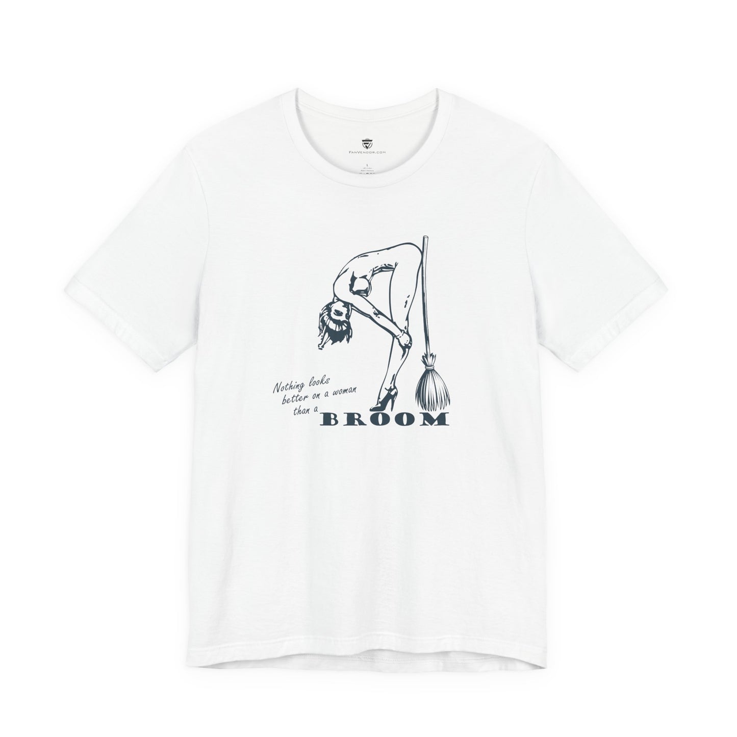 White t-shirt with black graphic and text on a white background