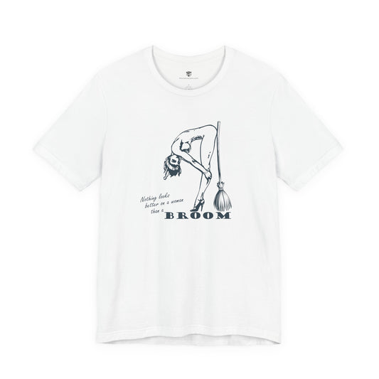 White t-shirt with black graphic and text on a white background