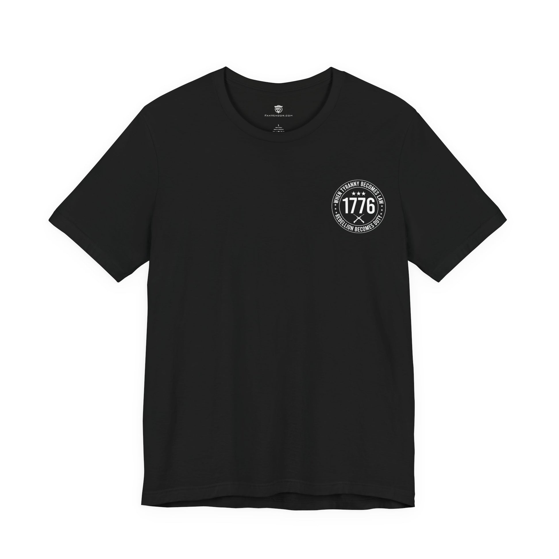 Black t-shirt with a white 1776 logo on a white background