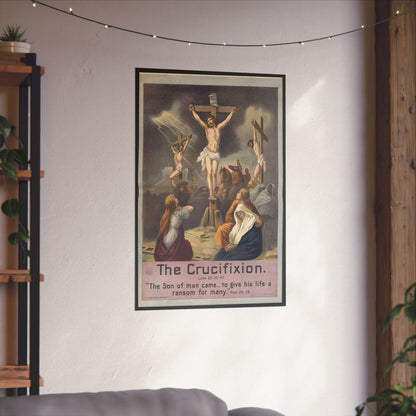 Poster of 'The Crucifixion' on a wall in a room with a shelf and plants.