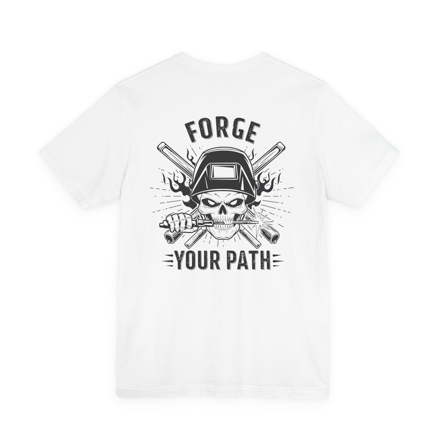 White t-shirt with black graphic design featuring a skull and crossed hammers, with 'Forge Your Path' text.