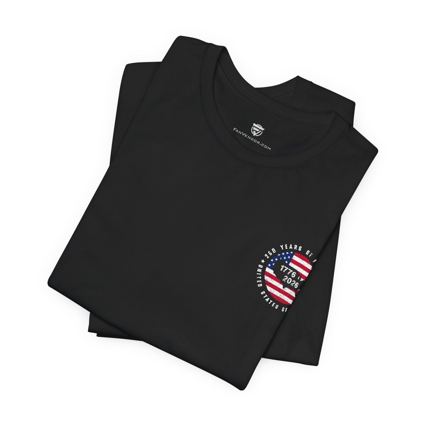 Black t-shirt with American flag design on a white background