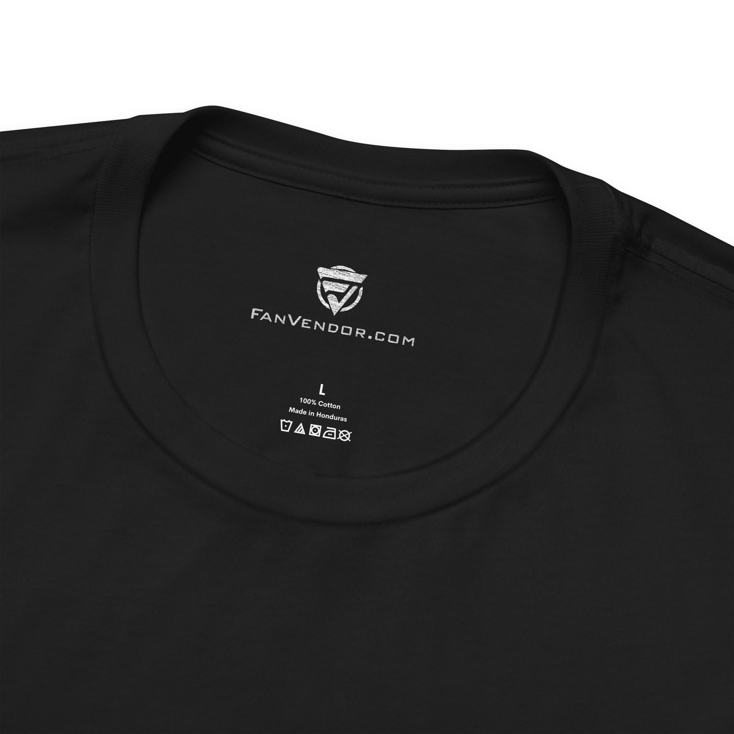 Black t-shirt with 'FanVendor.com' logo and text on a white background