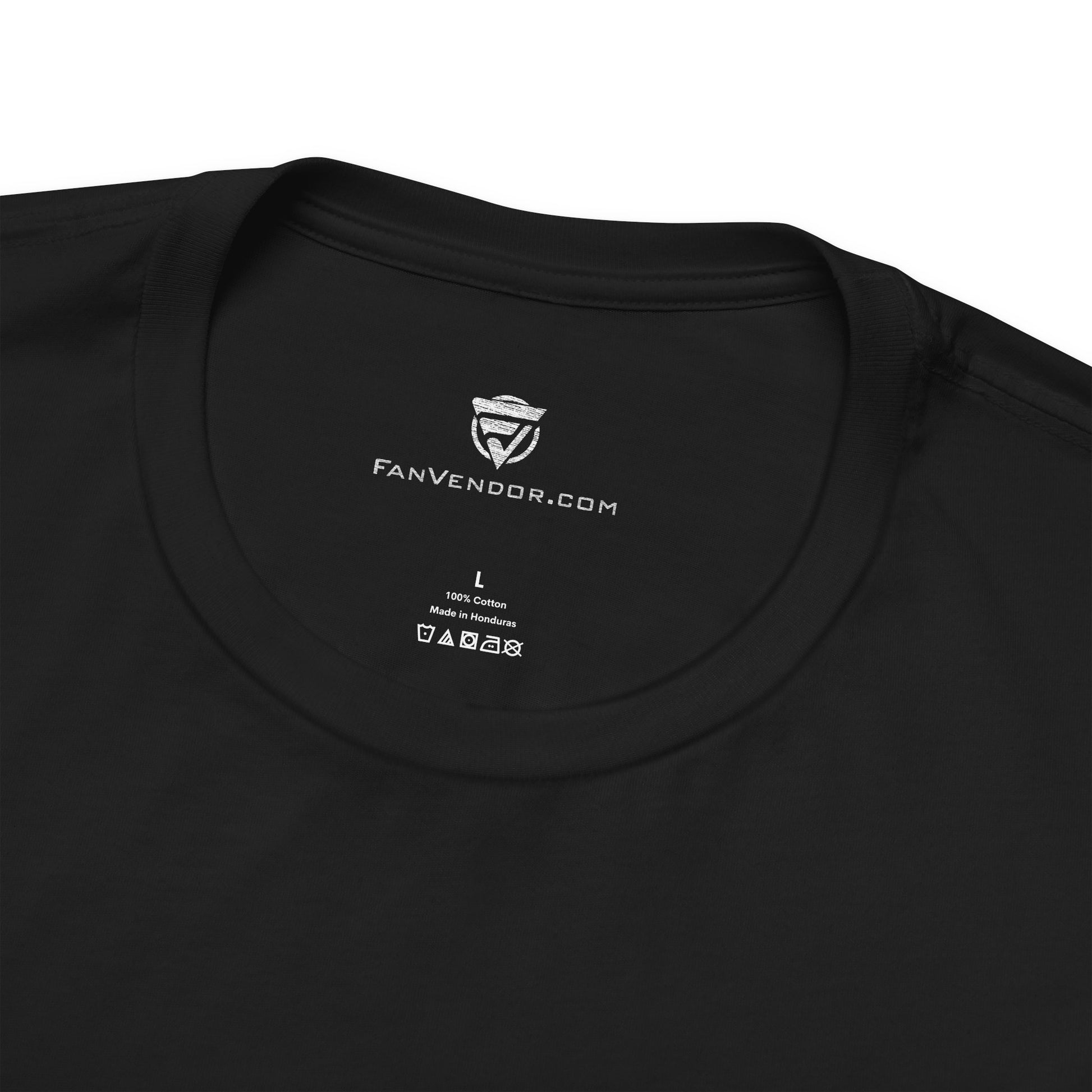 Black t-shirt with 'FanVendor.com' logo and text on a white background