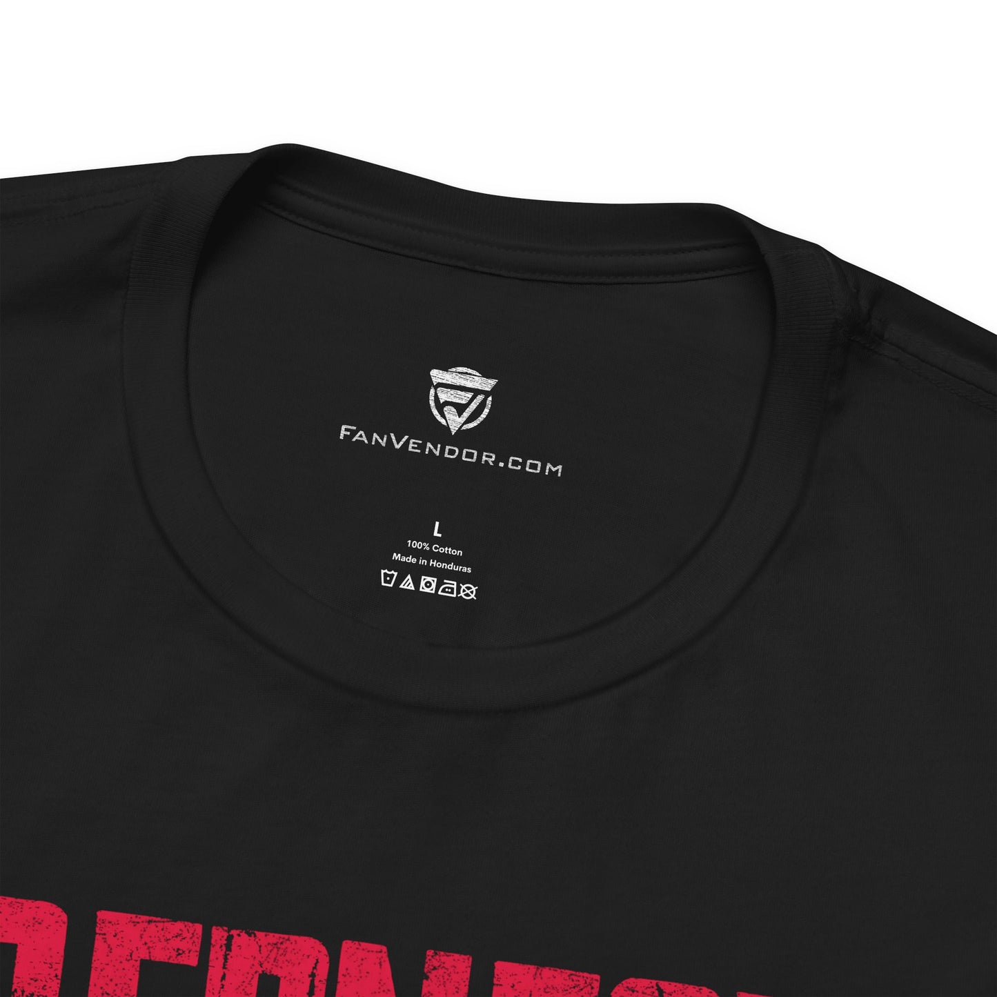 Black t-shirt with 'FanVendor.com' logo and text on a white background