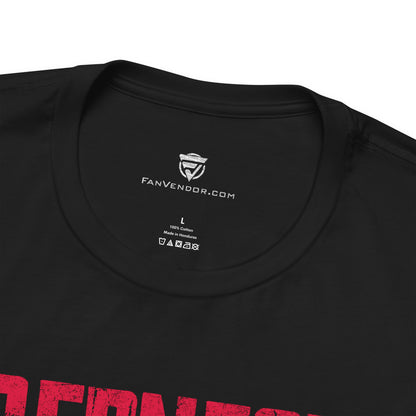 Black t-shirt with 'FanVendor.com' logo and text on a white background