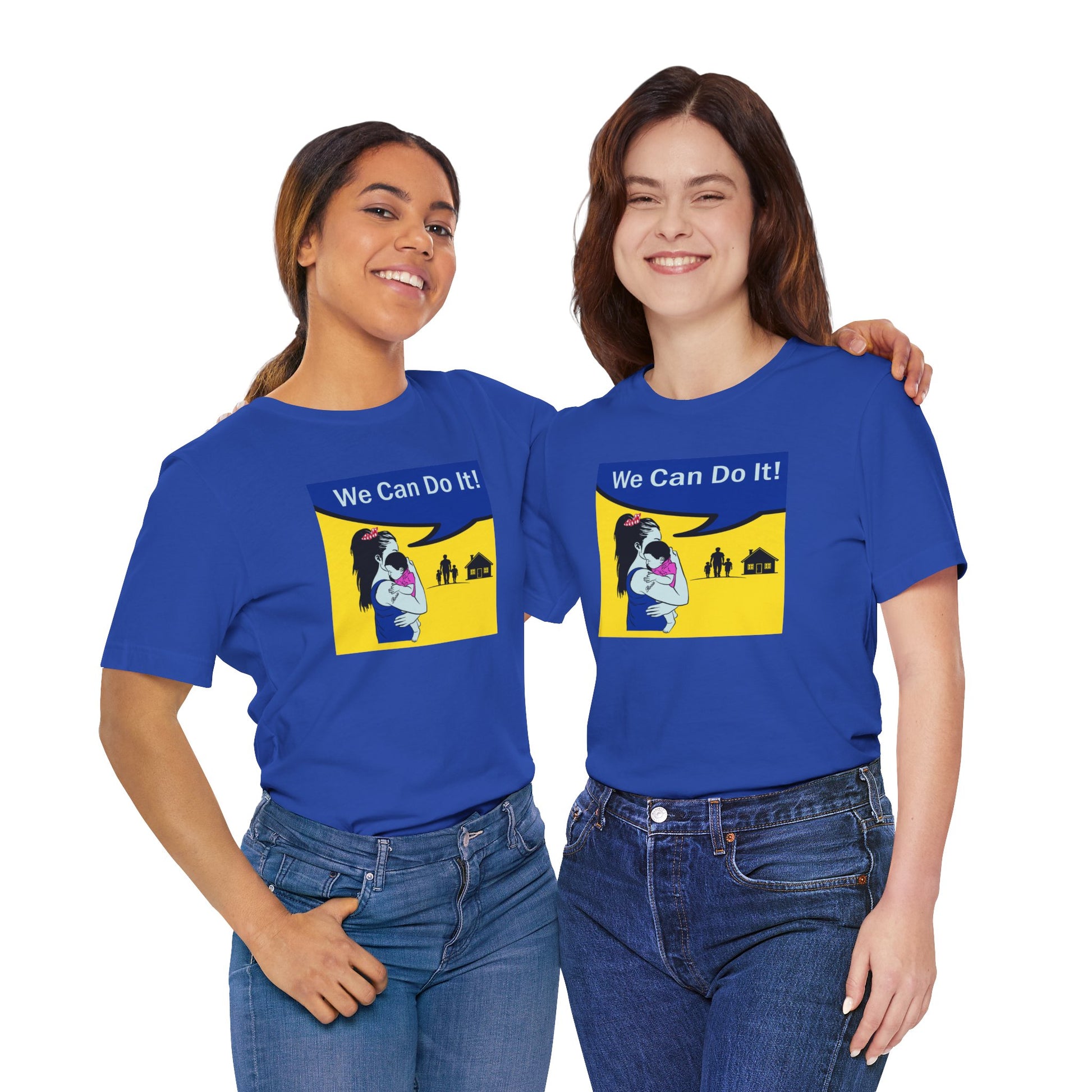 Two people wearing blue t-shirts with a graphic and text 'We Can Do It!' on a white background