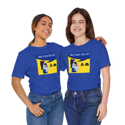 Two people wearing blue t-shirts with a graphic and text 'We Can Do It!' on a white background