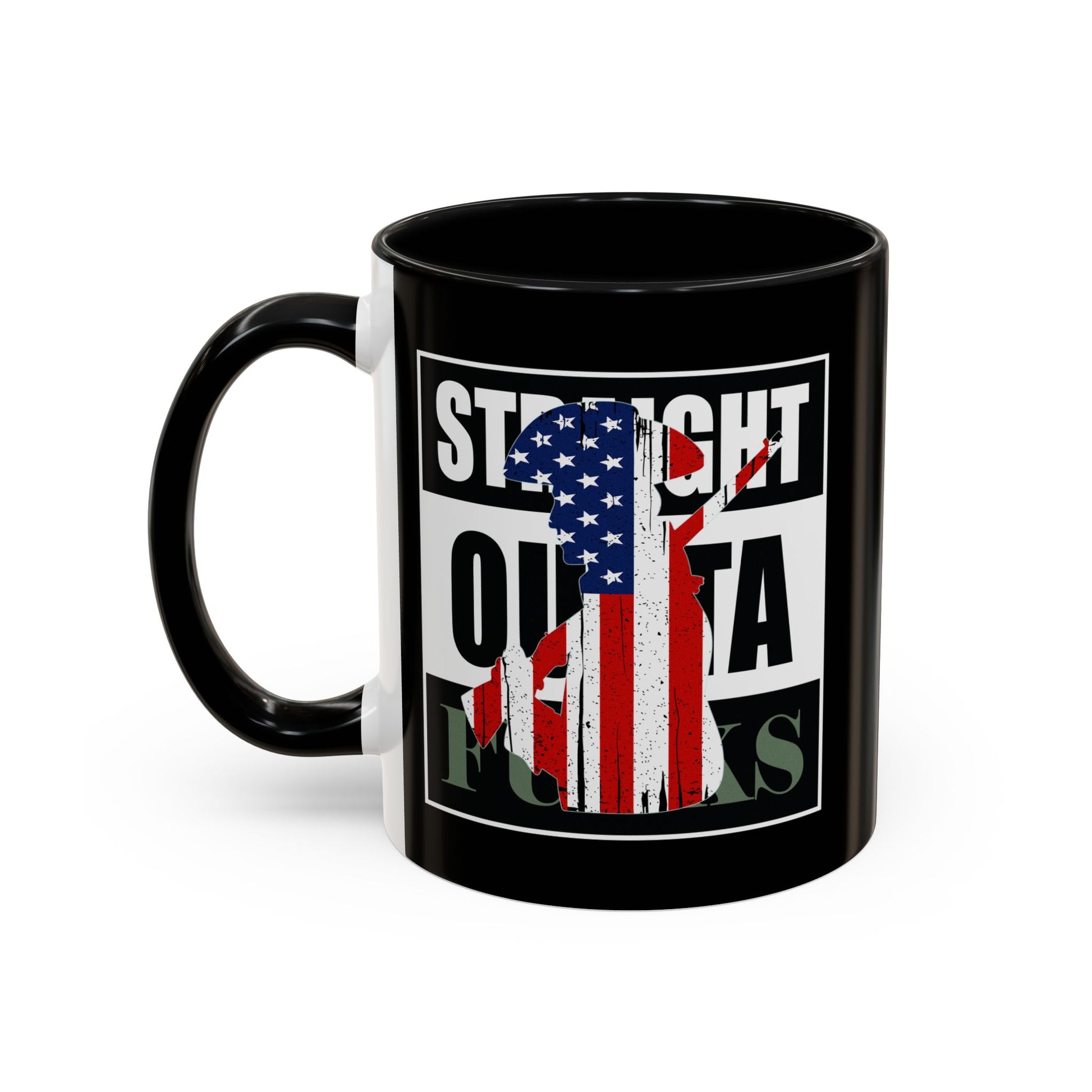 Black mug with design featuring an American flag on a white background