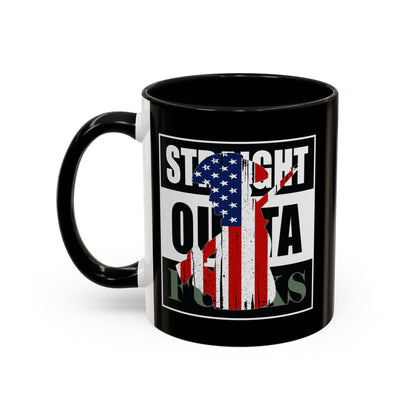 Black mug with design featuring an American flag on a white background