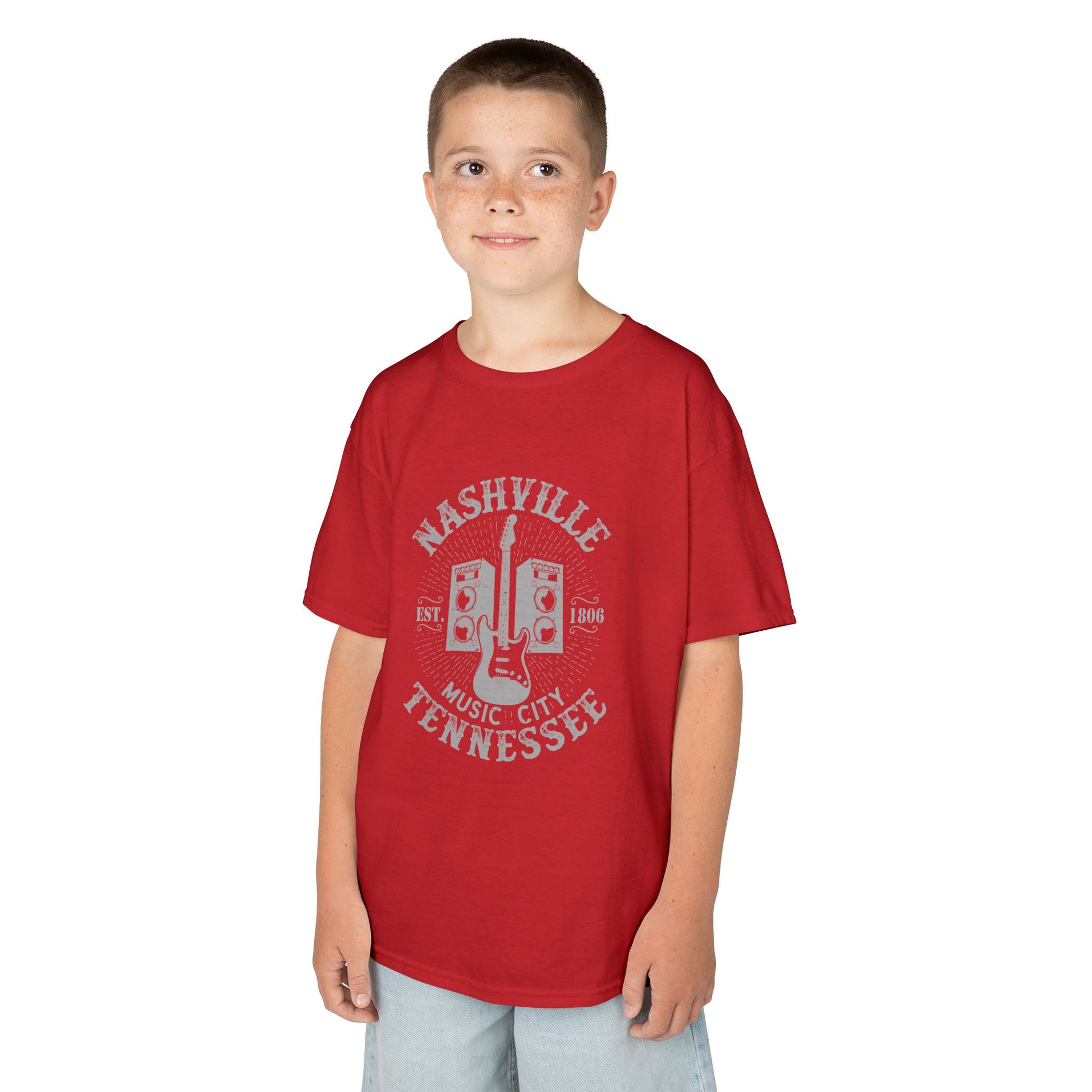 Child wearing a red t-shirt with  text and graphic on a white background