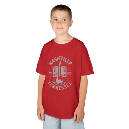 Child wearing a red t-shirt with  text and graphic on a white background