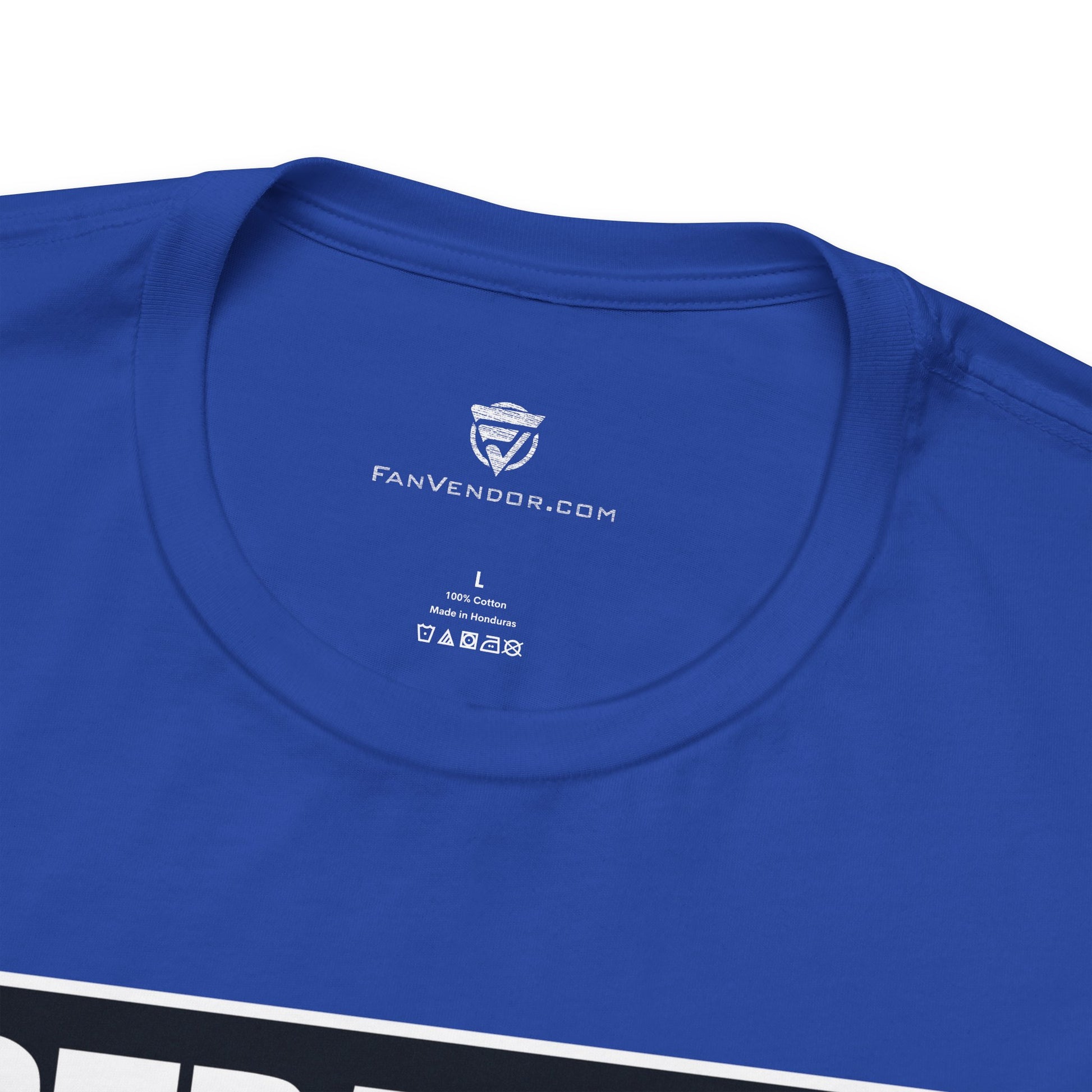 Close-up of a blue t-shirt with 'FanVendor.com' logo on the collar.
