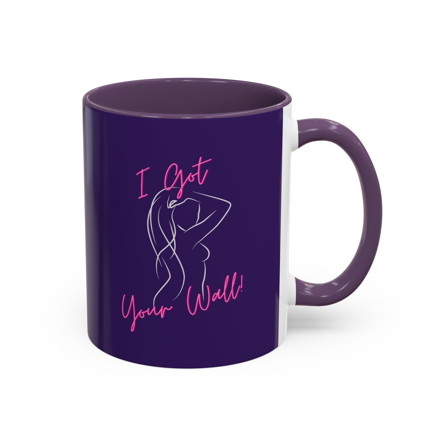 Purple mug with a graphic of a woman and text on a white background