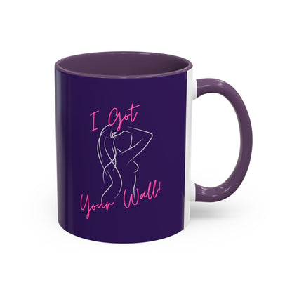 Purple mug with a graphic of a woman and text on a white background