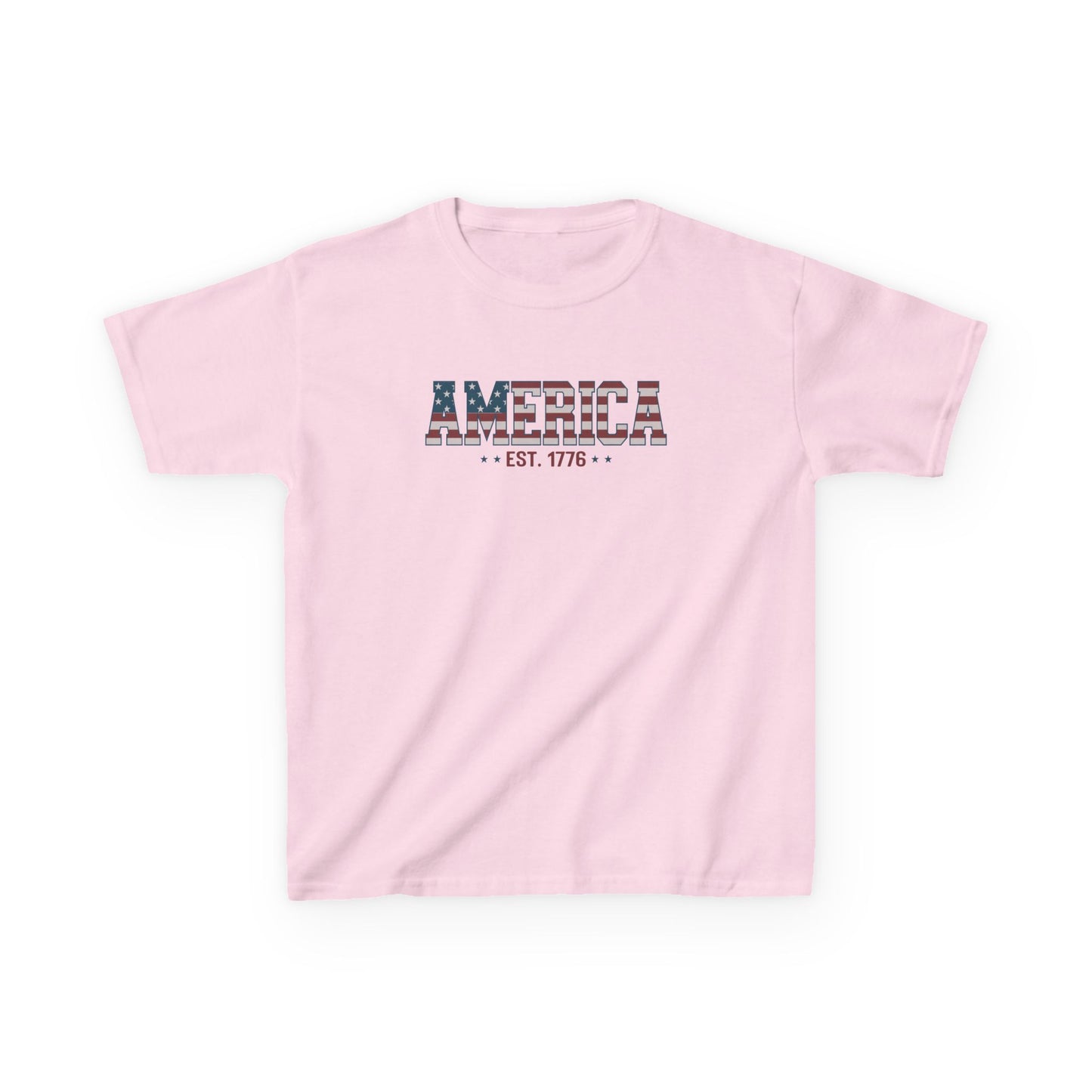 Pink t-shirt with 'America Est. 1776' text on a white background