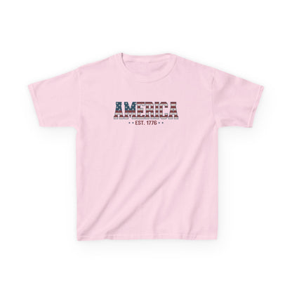 Pink t-shirt with 'America Est. 1776' text on a white background