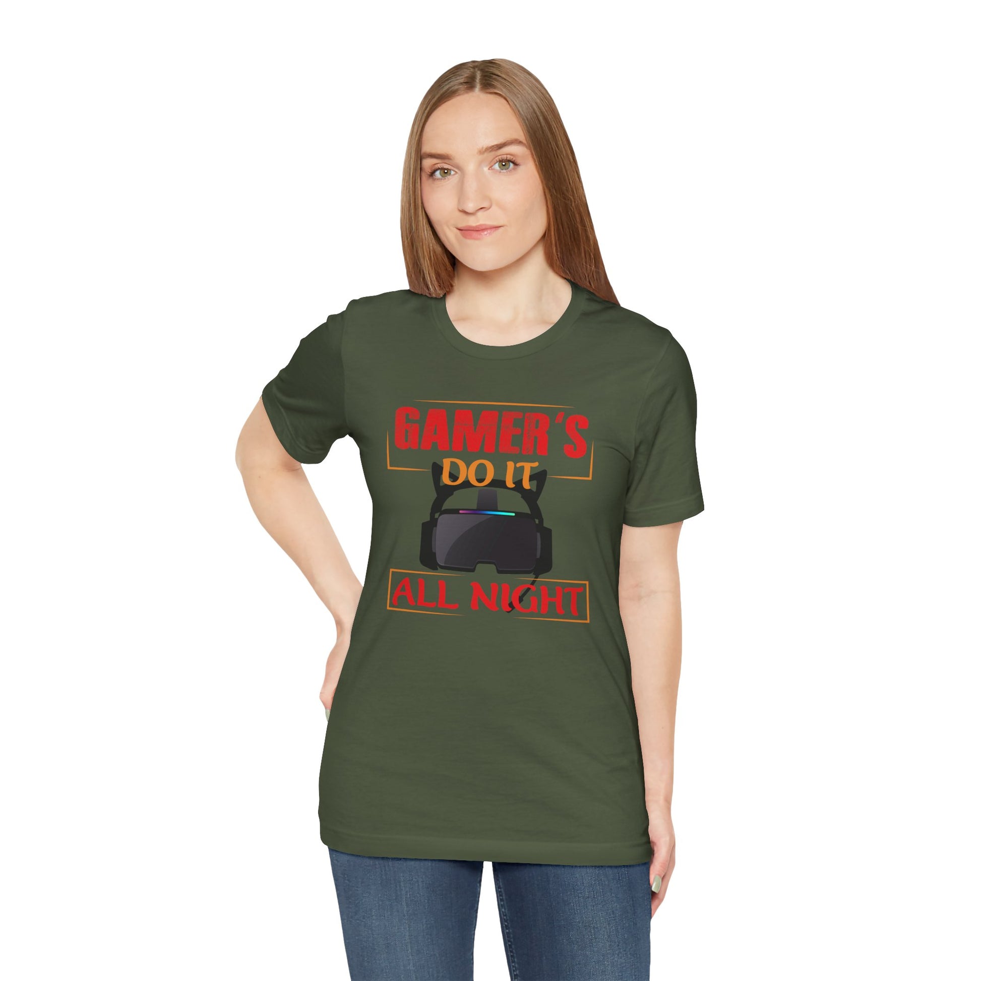 Person wearing a green t-shirt with text and a graphic on a white background
