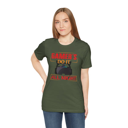 Person wearing a green t-shirt with text and a graphic on a white background