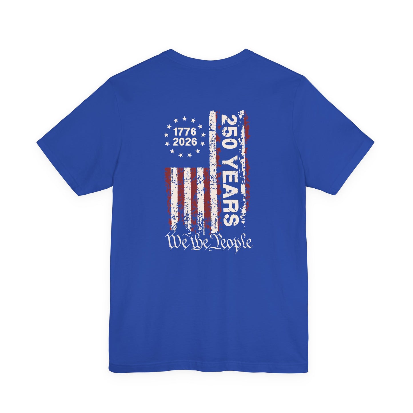 Blue t-shirt with American flag design and text on a white background