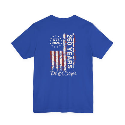 Blue t-shirt with American flag design and text on a white background