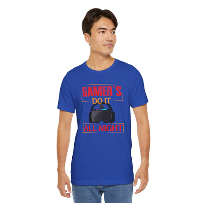 Man wearing a blue t-shirt with a gaming-themed design on a white background