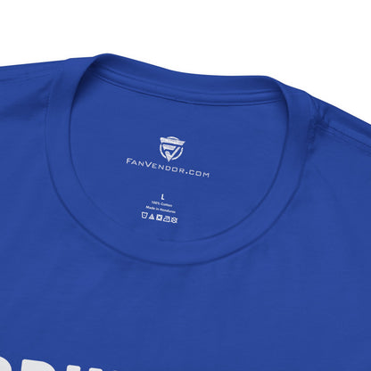 Close-up of a blue t-shirt with 'FanVendor.com' logo and text on the collar.