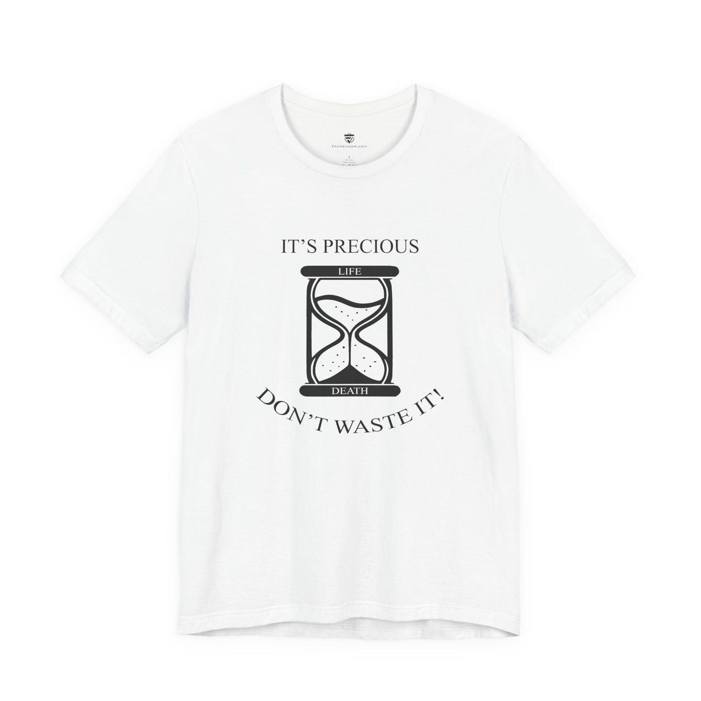 White t-shirt with black hourglass design and text on a white background