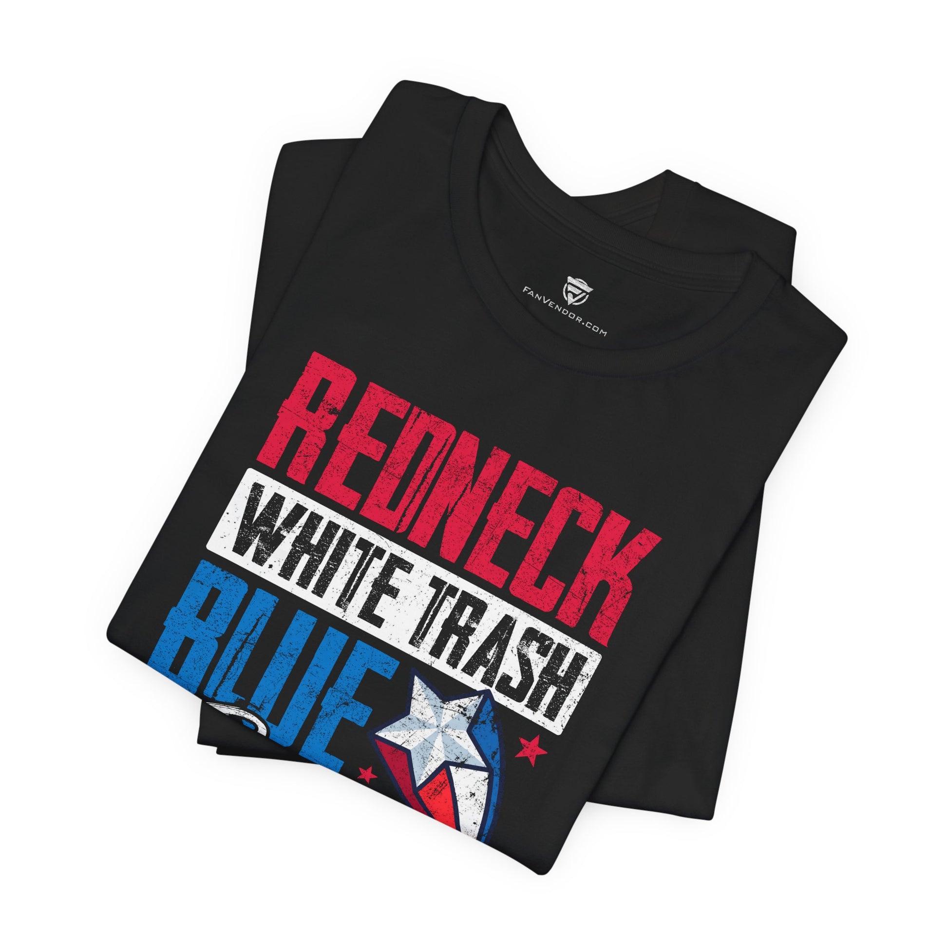 Black t-shirt with 'Redneck White Trash Blue' text and star design on a white background