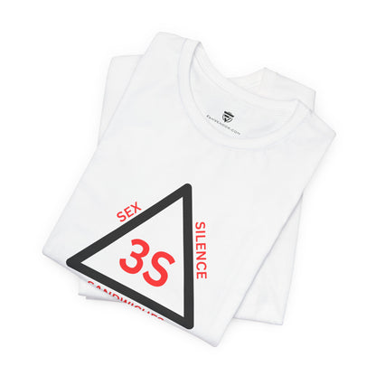 White t-shirt with red and black graphic design on a white background