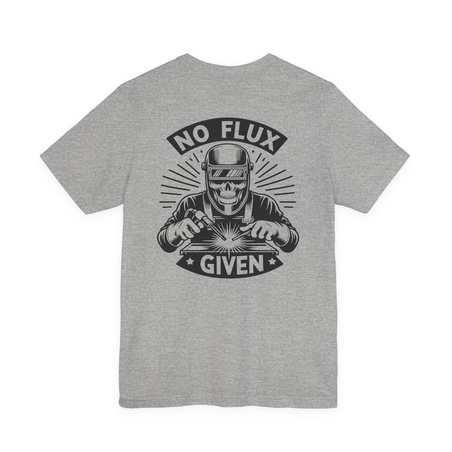 Gray t-shirt with a graphic design and text 'No Flux Given' on the back, displayed on a white background.