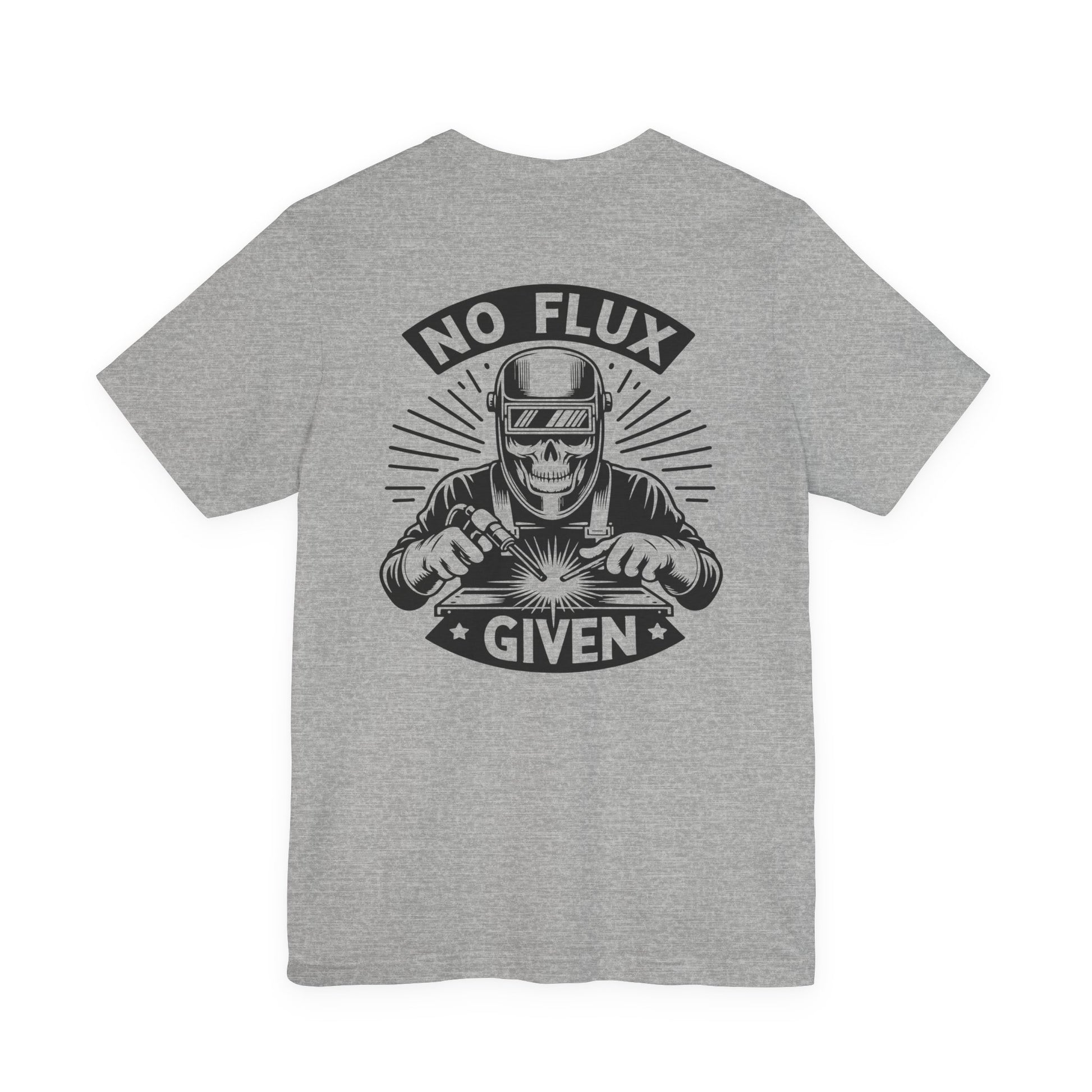 Gray t-shirt with a graphic design and text 'No Flux Given' on the back, displayed on a white background.