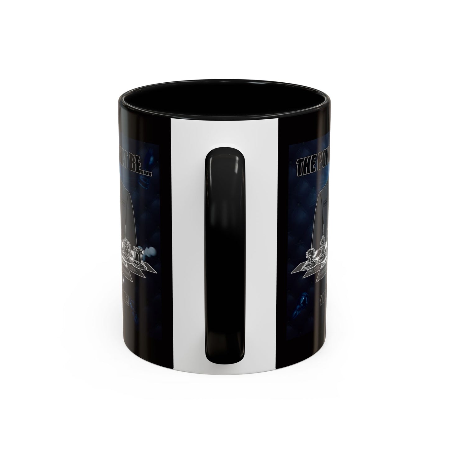 A black ceramic mug with a metallic silver vertical handle and a dark blue graphic wrap featuring a spaceship and the text 'THE FORCE'.