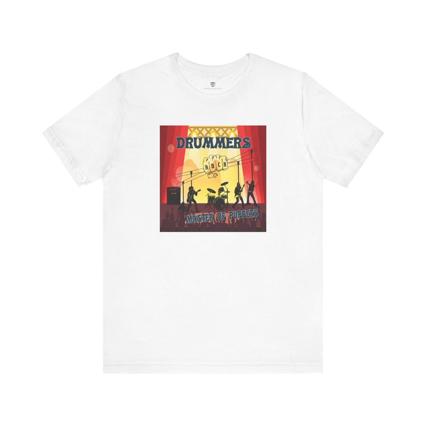 White t-shirt with a colorful graphic design on a white background