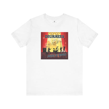 White t-shirt with a colorful graphic design on a white background