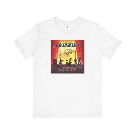 White t-shirt with a colorful graphic design on a white background