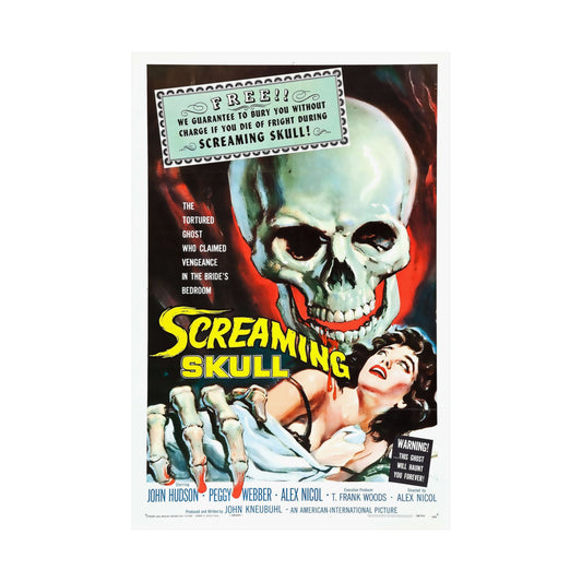 Vintage movie poster for 'Screaming Skull' with a skull and woman's face.