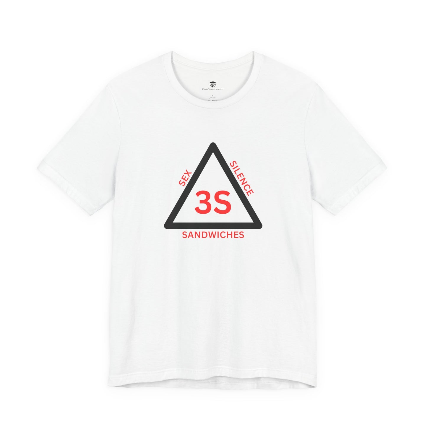 White t-shirt with a black triangle graphic and text on a white background